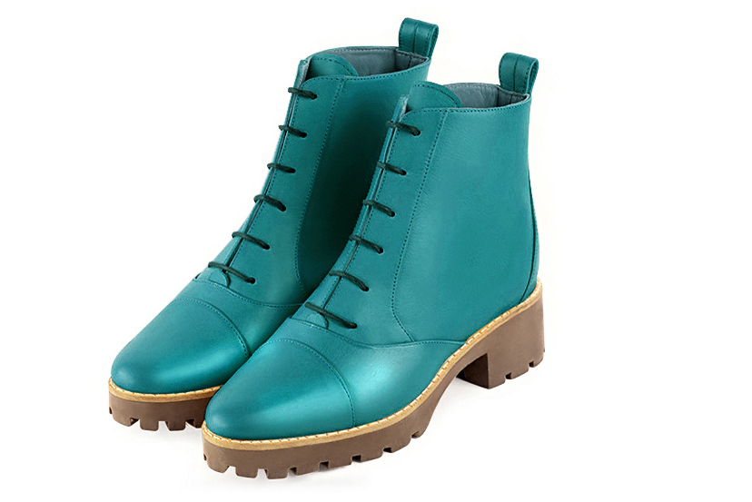 Turquoise blue women's ankle boots with laces at the front. Round toe. Low rubber soles. Front view - Florence KOOIJMAN